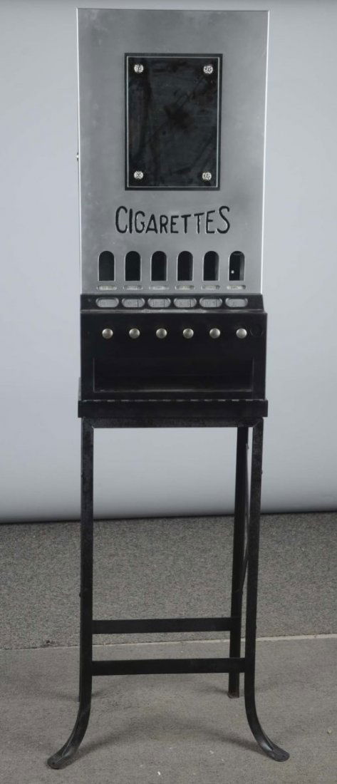 10¢ & 15¢ Knickerbocker Cigarette Vending Machine: Very rare cigarette vending machine on 33-1/2"H original metal stand with 11"H x 8"W mirrored front and original weights. Older restoration. Six vending slots are available. One key is included. Condi