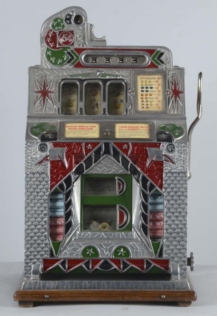 5¢ Mills Silent Jackpot Front Vendor Slot Machine: This Mills Novelty "Front Counter OK Vendor" escalator bell slot machine has the "Modern Front" design and fortune reels. Circa 1931. In working condition. Includes original Mills key and National Loc