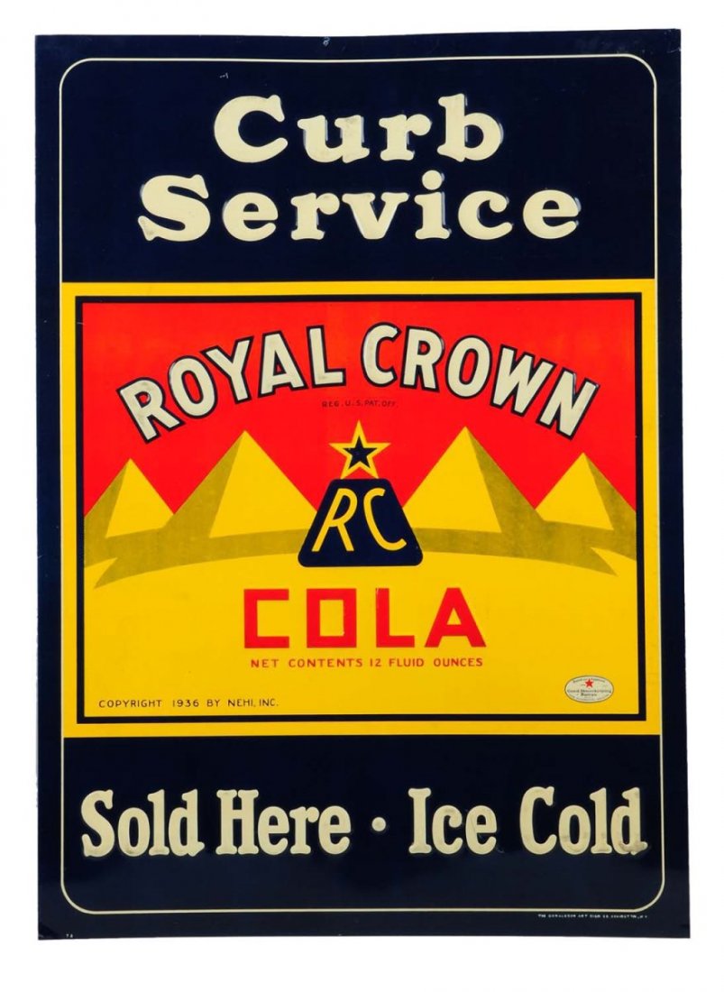 1930's - 40's RC Cola Embossed Tin Sidewalk Sign.: Rare. This is a stunning example with bold and bright colors. Displays only a few very minor marks and nearly no overall wear. 9.6. Condition (Near Mint). Size 28" x 20".