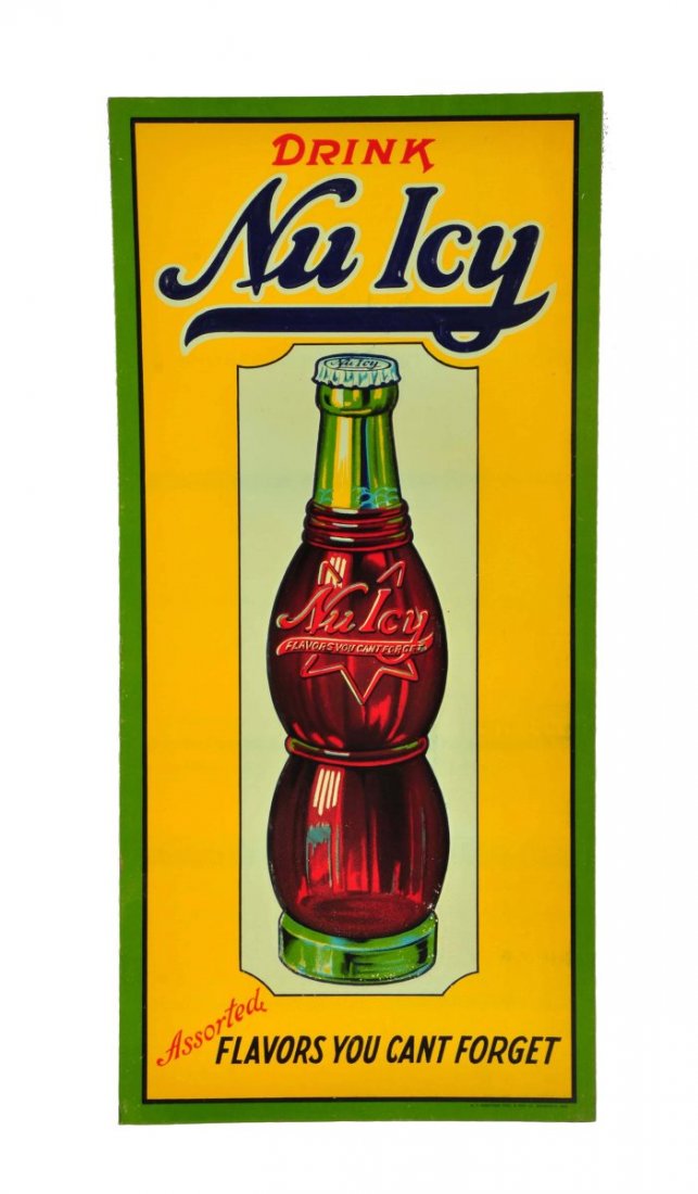 Beautiful 1930's Nu Icy Embossed Tin Sign.: Bright and colorful with no wear, only very tiny paint blisters in the bottom six inches which are quite stable and distract very little. 9.7. Condition (Near Mint). Size 19 - 1/2" x 9 - 1/2".