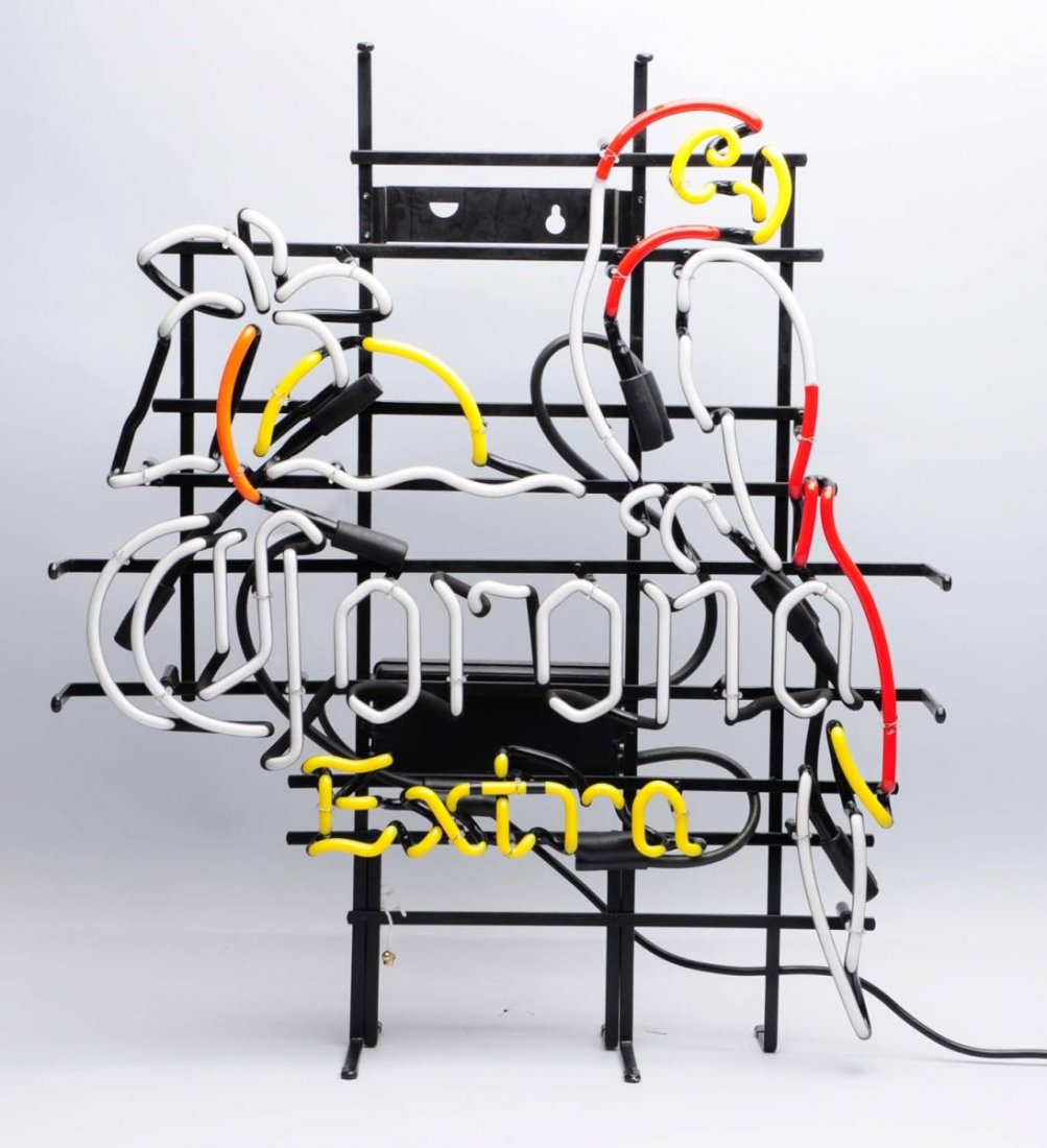 1990's Corona Colorful Neon Sign.: Seven colors with a parrot and palm tree shown. Beautiful condition with no wear. Includes original box. 9.9. Condition (Mint). Size 27" x 23".