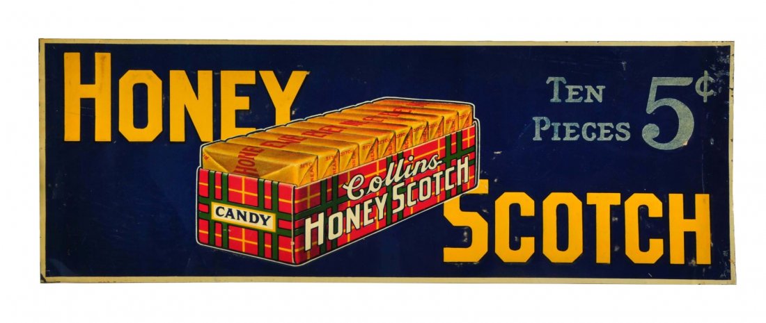 1940's Honey Scotch Embossed Tin Sign.: Only a few very shallow crimps and dents and few small paint dents or marks. 8.8. Condition (Excellent). Size 19 - 1/2" x 7".