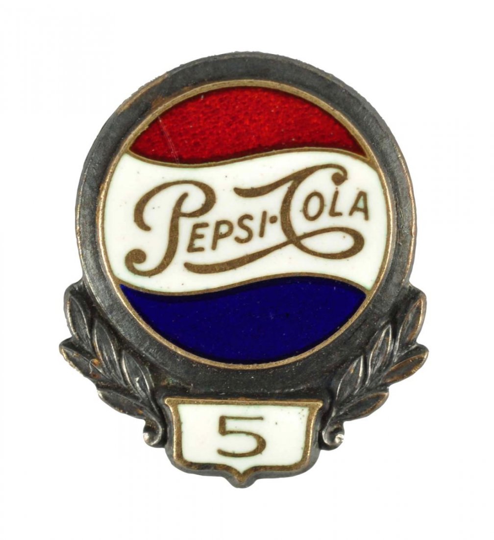 1950's Pepsi - Cola Five Year Service Pin.: These are quite scarce and this one is beautifully enameled. No wear and very bright. 9.9 Condition (Near Mint Plus). Size 5/8" T.