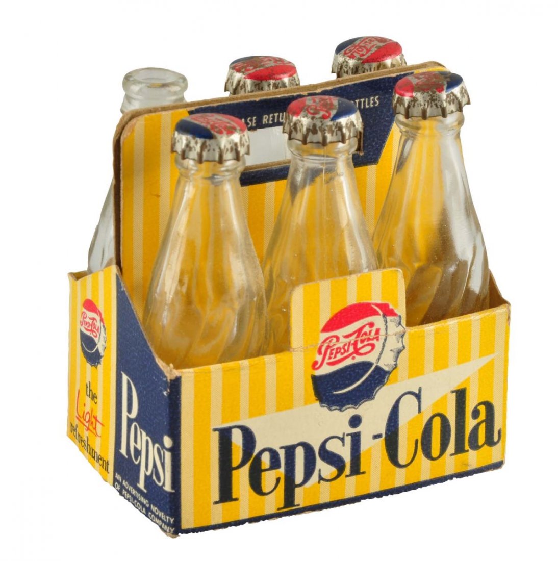1950's Pepsi - Cola Miniature Six Pack.: Complete with glass bottles and five tin bottle caps. Only very light wear and a few small bends. 9. Condition (Near Mint). Size 2 - 3/8" L.
