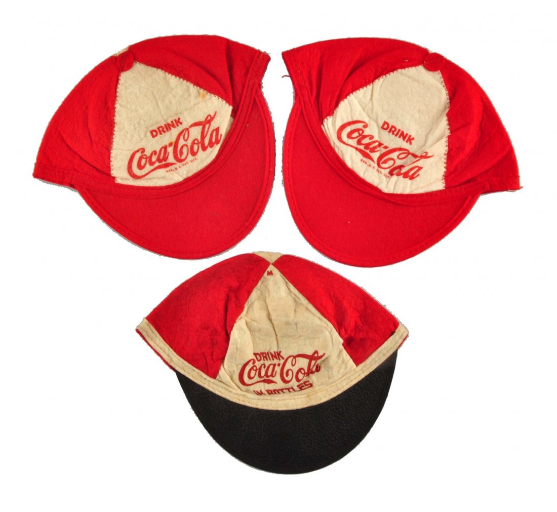 Lot Of 3: 1920's - 40's Coca - Cola Felt Caps.: Only some minor wrinkles and light soiling. All caps appear to have never been used. 9 - 9.5. Condition (Near Mint). Size Each: 9" Dia.
