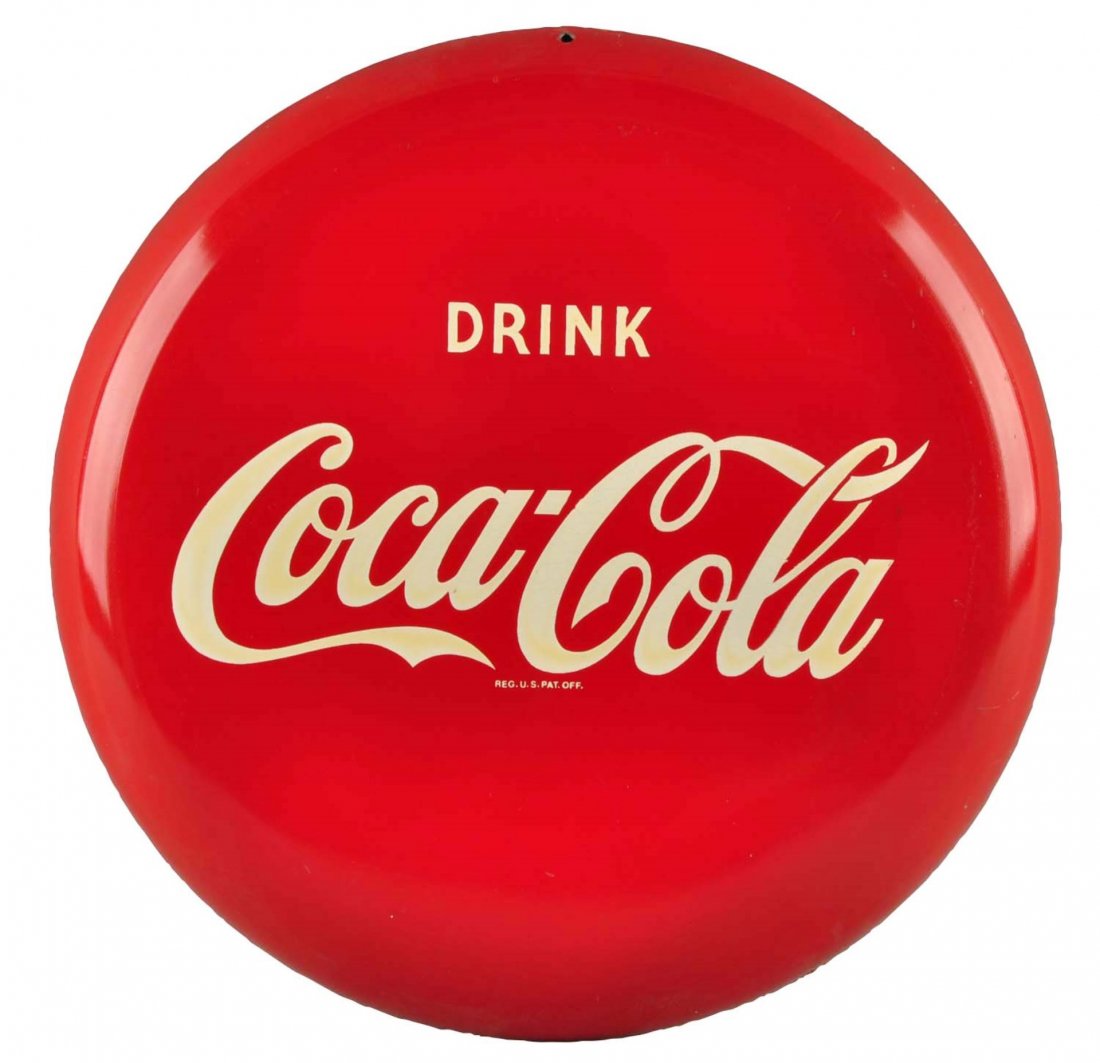 1980's Coca - Cola Reproduction Tin Button Sign. (1 of 2)