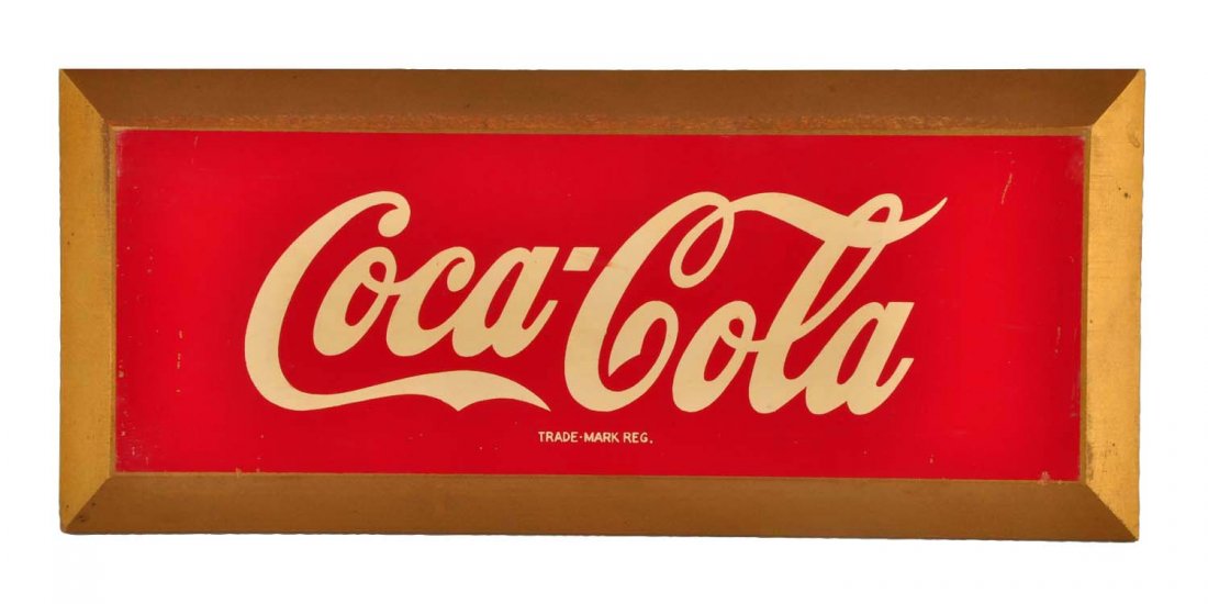 1950's Coca - Cola Wooden Beveled Sign.: Just a few small marks on the face of the sign with some mild rubbing on the gold border paint, mostly on the top front edge. 9.0. Condition (Near Mint). Size 14" L.