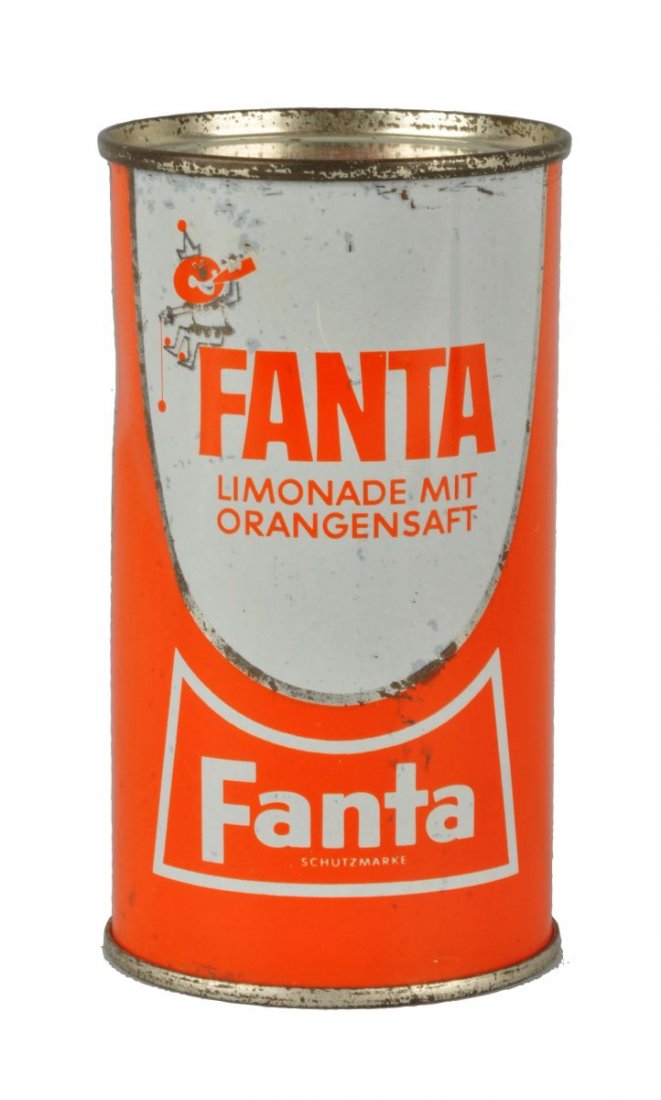 1960's German Fanta Soda Can.: Some light scratches, small marks, and a few shallow dents. 8.0 - 8.5. Condition (Excellent). Size 5" T.