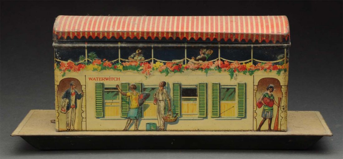 English Litho "Waterwitch" Houseboat Biscuit Tin.: Made by Jacob & Co. Circa 1920's. Original roof, nice lithography. Some scratching and wear throughout. Condition (Very Good). Size 10 -1/2" L.