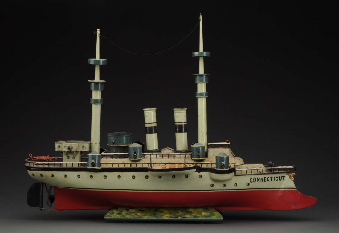 Marklin 1st Series Battleship "Connecticut".: A classic early clockwork battleship, circa early 20th century, manufactured by the famed Gebr. Märklin & Cie toy firm. Typical of this toy firm so many lifelike details of the various real life exam