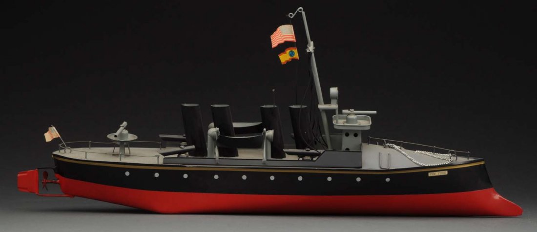 Contemporary John Cervenka Model Boat.: Made in Australia. Hand built. Limited production. Circa 1996. Four stack gun boat. Very little wear. Condition (Excellent). Size 22 -1/2" L.