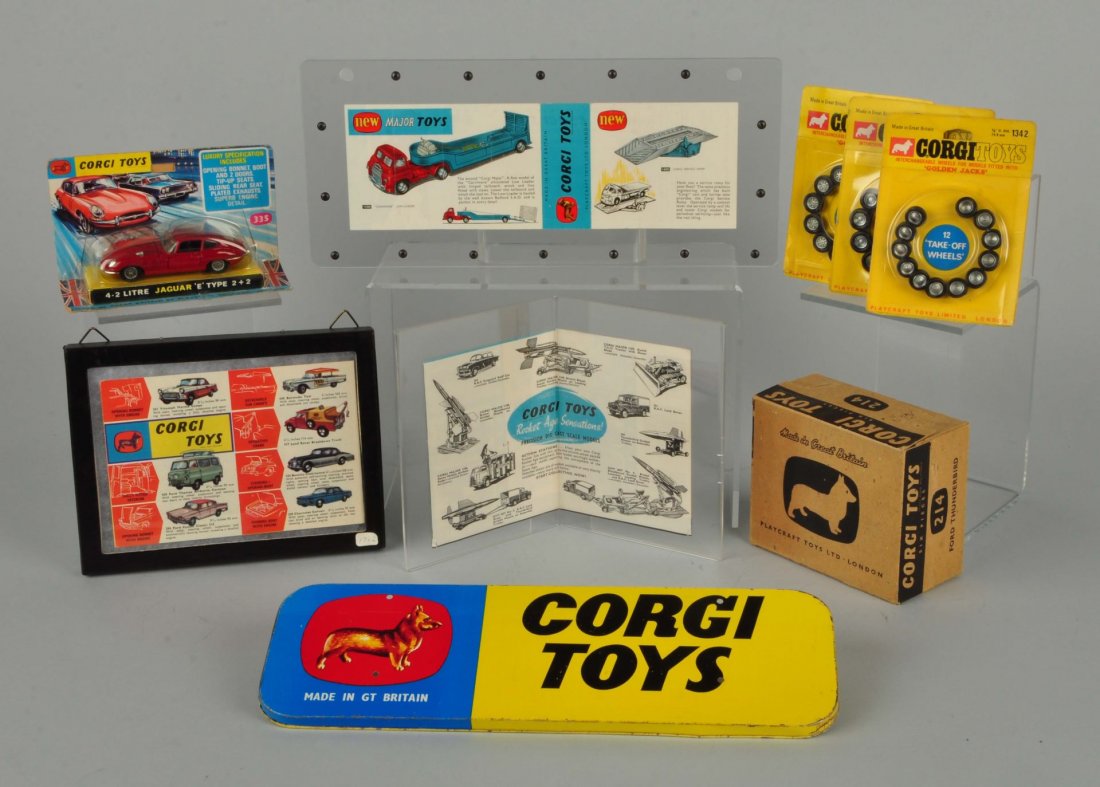 Lot Of 9: Corgi #335 Jaguar, Wheels & Catalogs. (1 of 1)