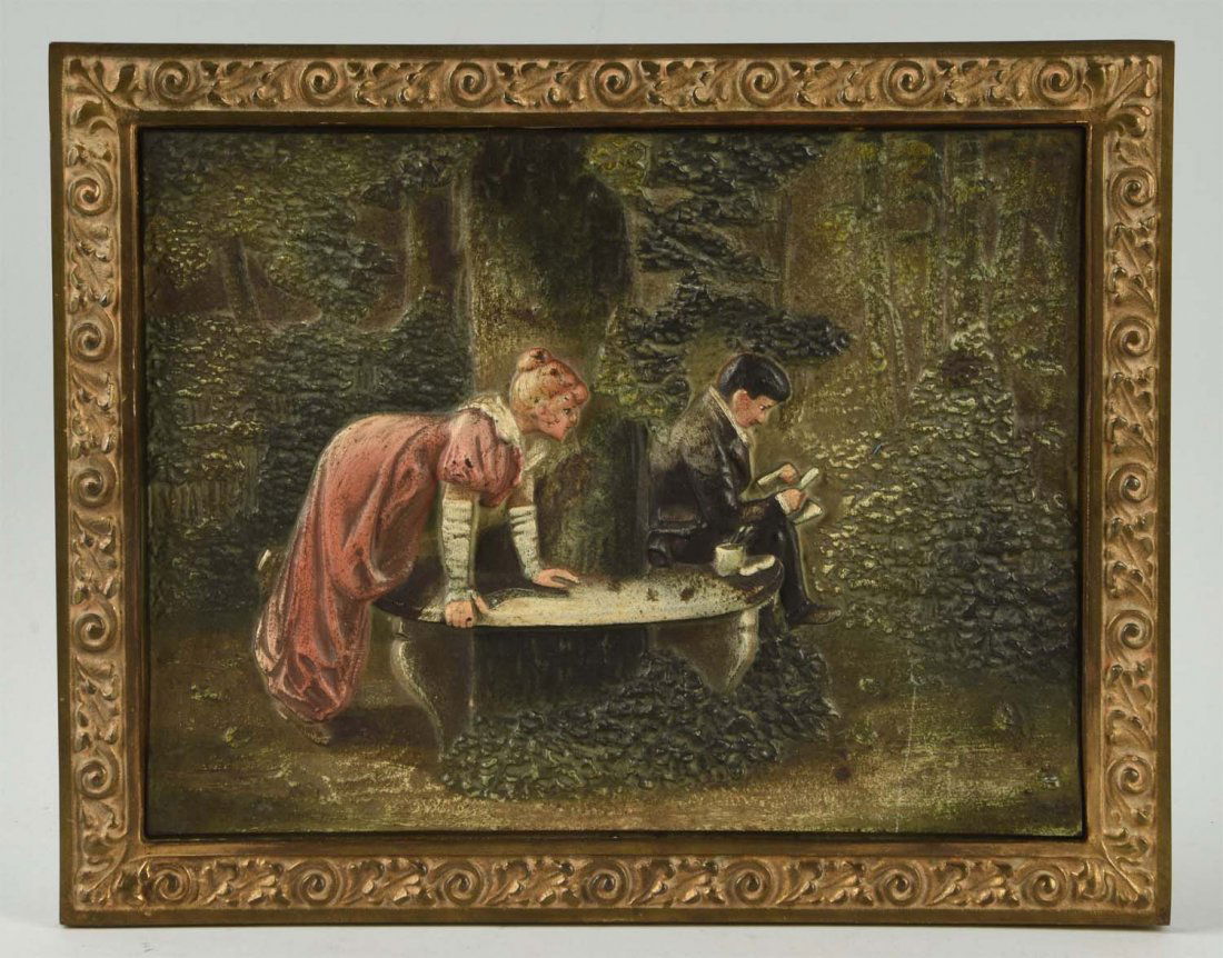 Cast Iron Park Scene B&H Plaque.: Made by Bradley and Hubbard. Signed, “B&H, 2142”. Man sitting and reading and lady on one knee peeking around tree. Condition (Excellent). Size 9" x 7".