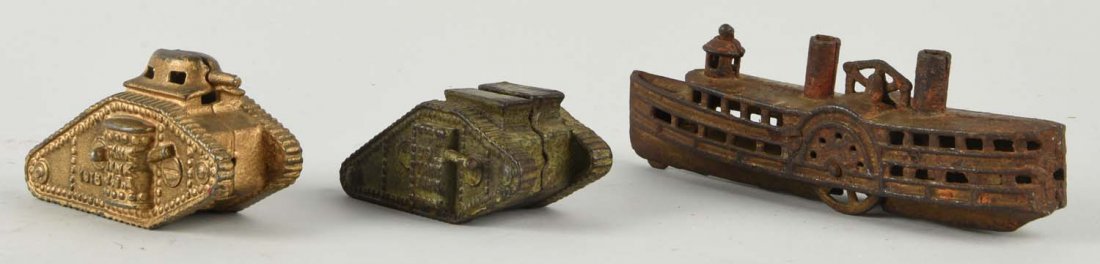 Lot of 3: Cast Iron Banks.: Gold tank, green tank and paddle boat. Rust to boat. (JY). Condition (Good - Very Good). Size Largest : 8" L.