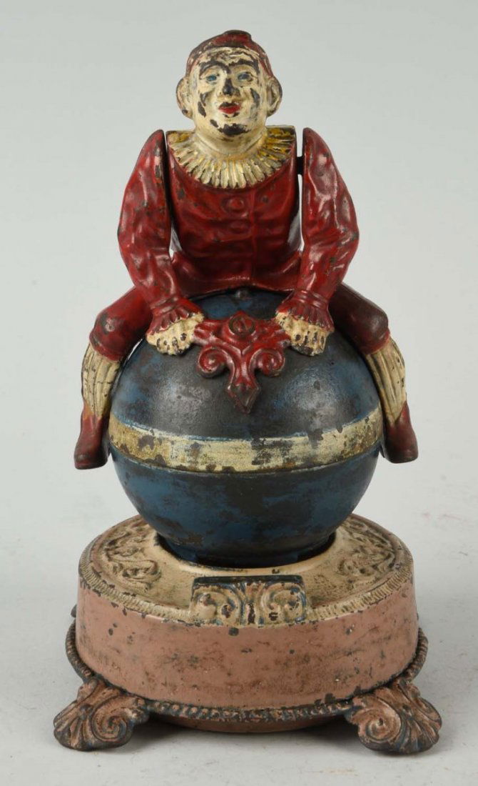 J. & E. Stevens Clown on Globe Mechanical Bank. (1 of 3)