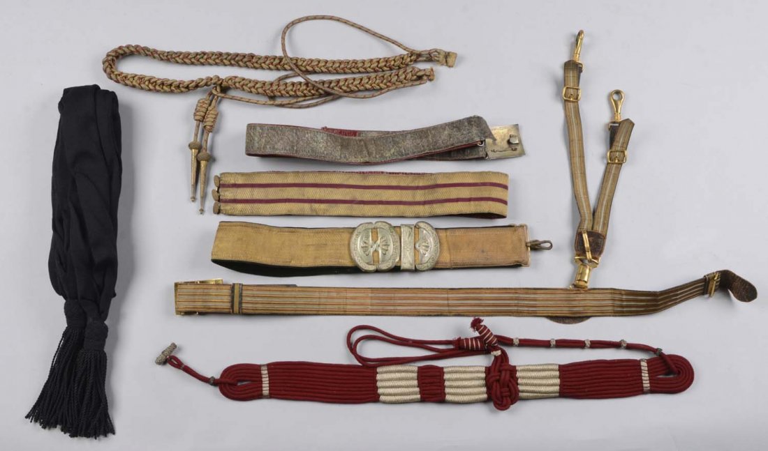 Lot of 8: Belts, Sashes and Accessories.: Comprised of: 1) Gold bullion giberne strap with silver-plated furniture. 2) British gold bullion belt with Tudor rose belt plate. 3) French braided bullion aiguillette. 5) U.S. Bullion and light blue