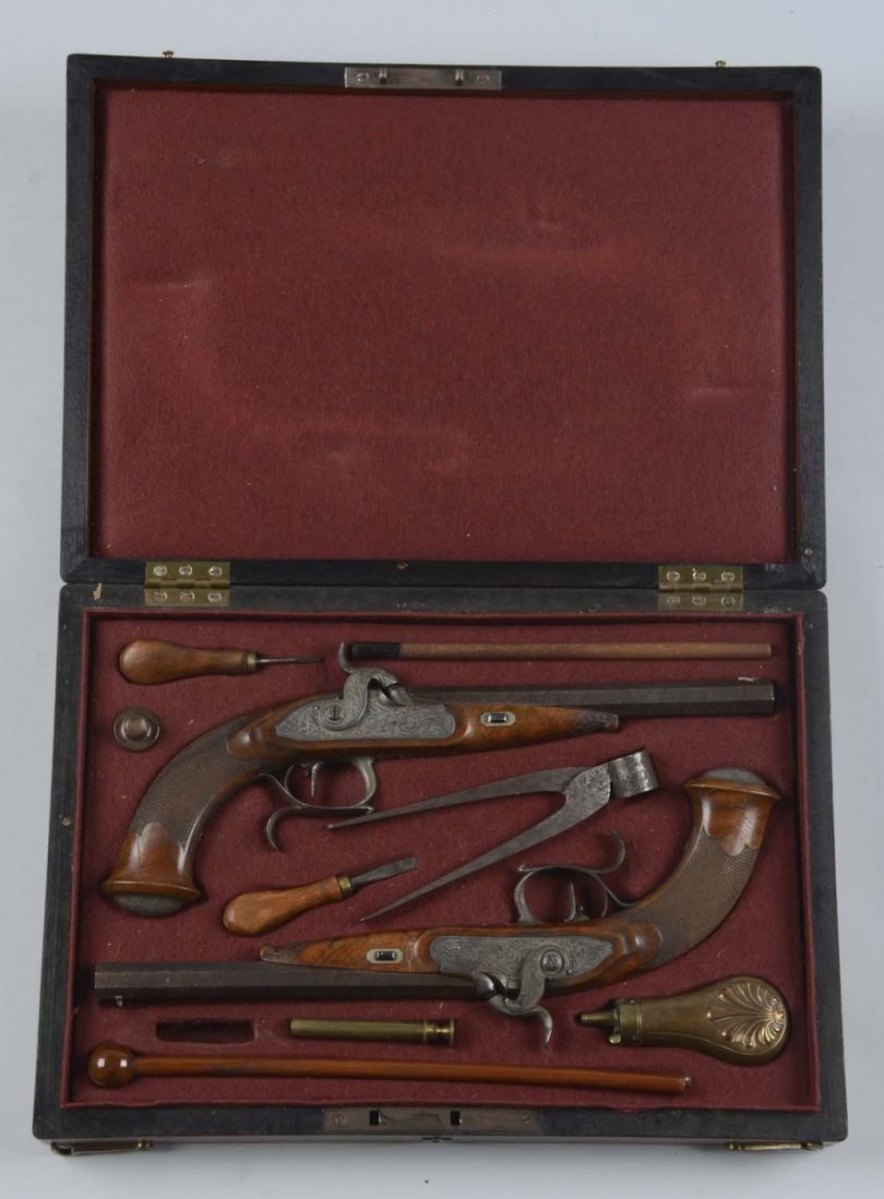 Cased Pair Single-Shot Percussion Salon Pistols. (1 of 3)