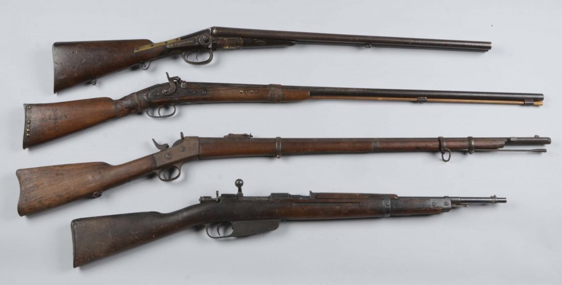 (C) Lot of 4: Long Guns.: Serial # T8166 Comprised of: Gun 1) (A) Rochatte SxS 12 gauge Shotgun, NSV, total length of 43-1/4" with 27-1/2” barrels. Right side of wrist reads "H. Rochatte À Paris". The rib between double bar