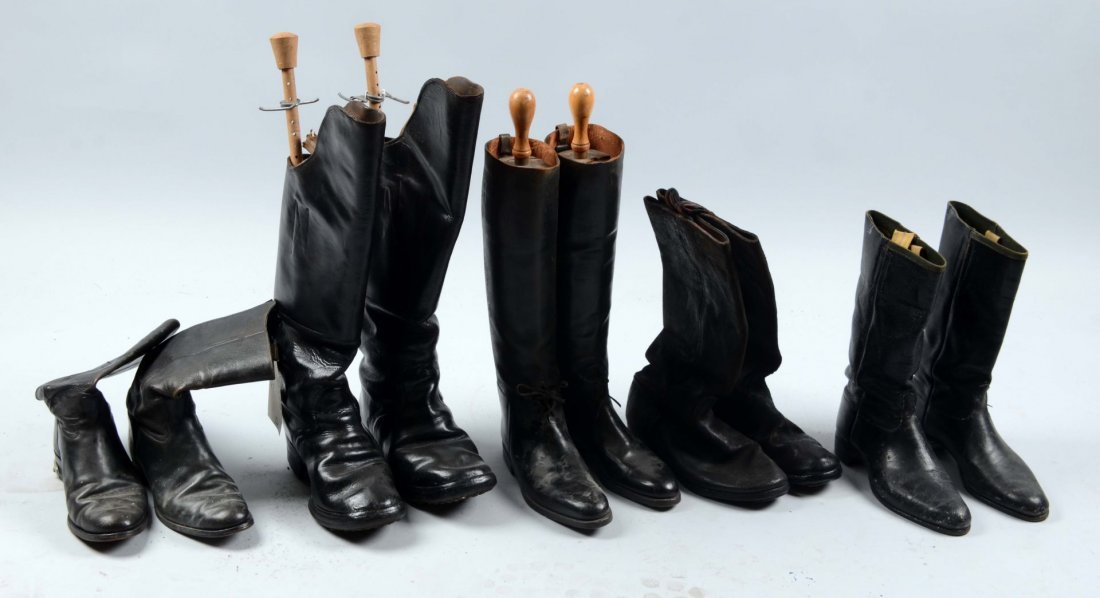 Lot of 5: Pairs of Military Style Boots.: Comprised of: 1) Black leather military style knee boots with string ties. Mid 20th Century. Shows use, still in good condition. 2) Black leather military style knee boots, early 20th Century. Shows u