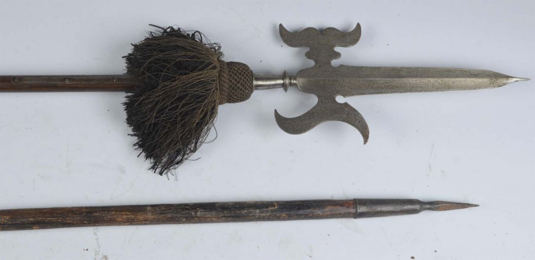 Lot of 2: Halberd & Pike.: Comprised of: 1) Halberd, total length of 91-1/4” with a 18-1/4” blade and a 11” x 7” cross guard. Both sides are lightly etched with proof mark of a chicken running and letters “VAEZA”. B