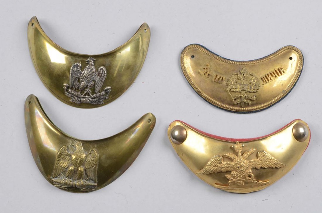 Lot of 4: Assorted Brass Gorgets.: Comprised of: 1) Imperial Russian. 2) Imperial Russian. 3) French, 1st Empire, 4) French. All showing wear, dents and separations to backgrounds. Condition: Good to excellent. Condition (Good).