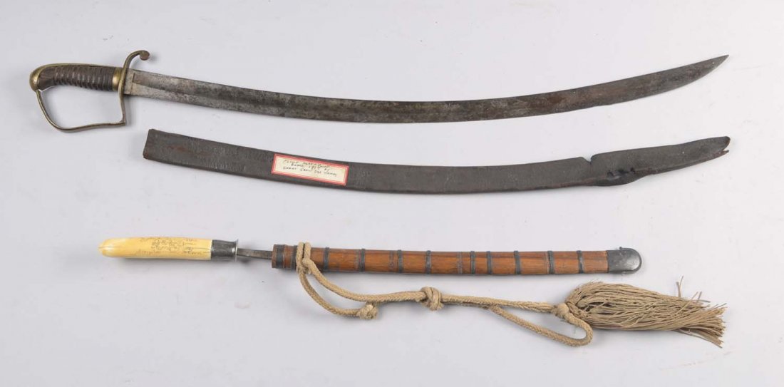Lot of 2: P-Guard & Burmese Sabres.: Comprised of: 1) Unmarked P-guard has a 30-1/2” curved blade with one fuller. Brass P-guard hilt, ribbed grip with no leather or wire. Leather scabbard with note taped onto it “Found North point b