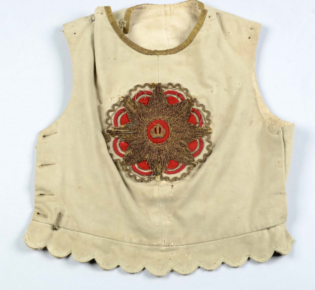 Russian Parade Supervest.: Russian Parade Supervest from early 20th century. White wool with white cotton lining. Gold bullion collar trim with circular gold bullion star, crown and red background. Four button on right side to 