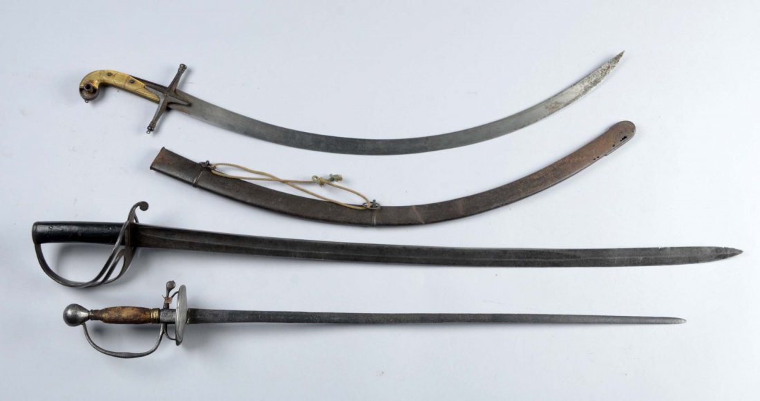 Lot of 3: Mameluke, NCO Sabre & Cavalry Sabre.: Comprised of: 1) British officer’s Mameluke sabre has a 28” curved blade that is lightly etched with flowers, horn, and sabre. Marked “PEA Piccadilly, London”. Cross guard with bone grip, 50��