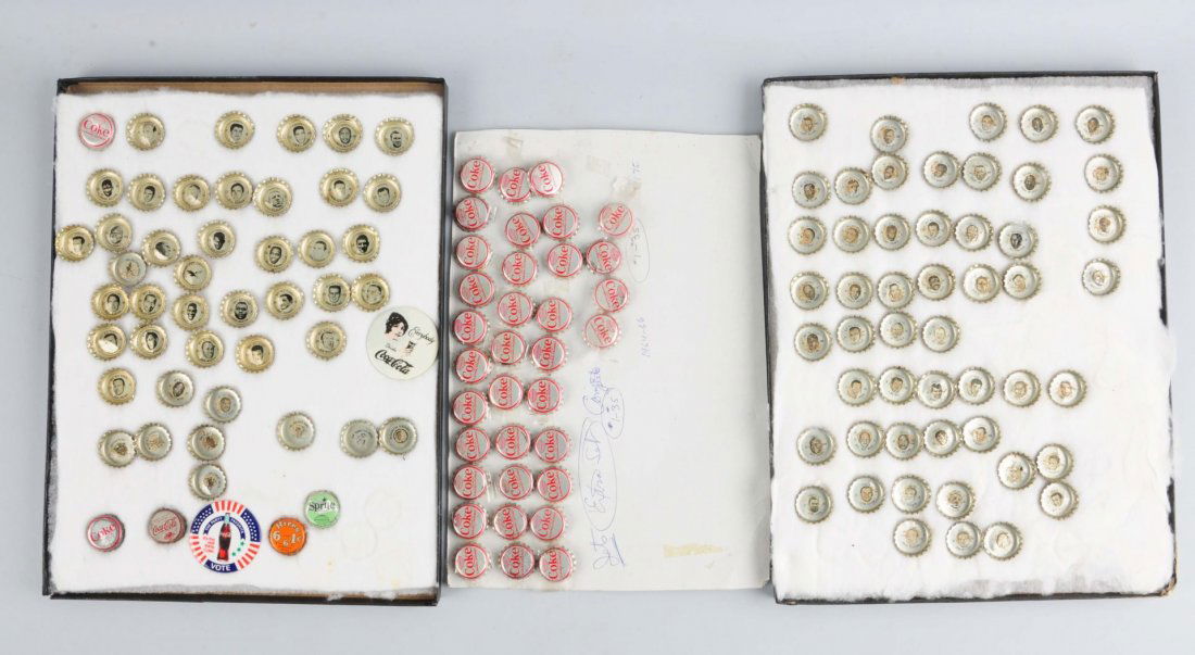 Large Lot of Coca-Cola Bottle Caps.: Lot includes 50+ bottle caps highlighting NFL all-stars, baseball and football players. Also included is an early Hire's Root Beer bottle cap and a Sprite bottle cap. Condition (Good - Very Good). Siz