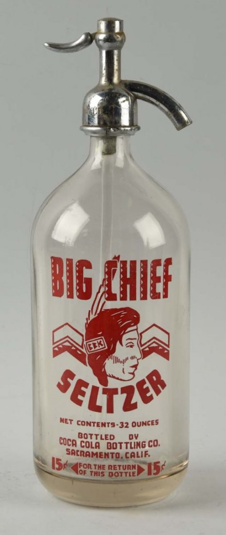 Coca-Cola "Big Chief" Seltzer Bottle.: This bottle has a great graphic and is in very good condition. The seltzer mechanism is loose on the spout. Condition (Excellent). Size 12-1/2'' T.