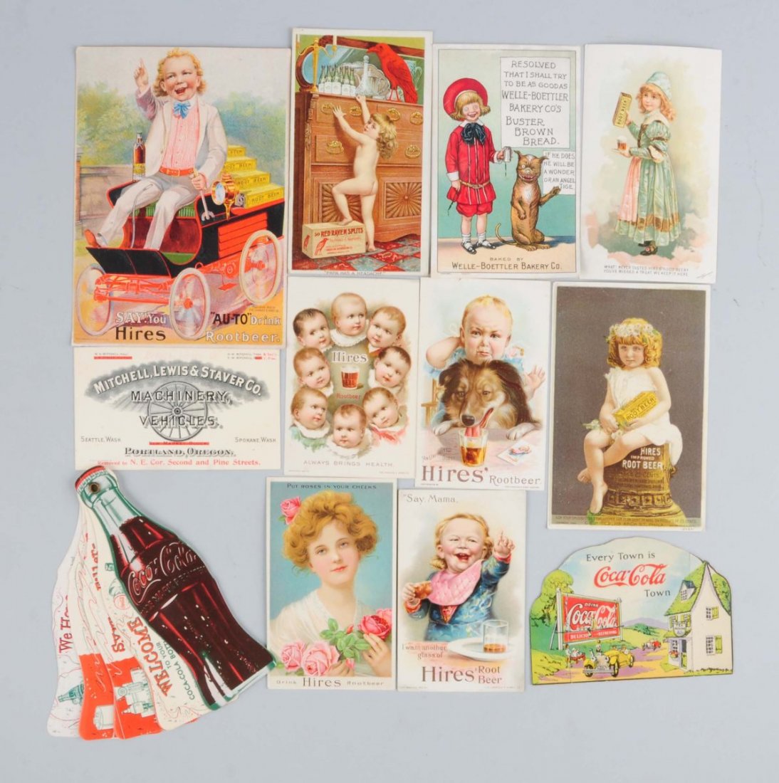 Lot of 12: Assorted Soda Advertising Trade Cards.: Included in this lot are trade cards from Hires Root Beer, Coca-Cola, Buster Brown Bread, and Red Raven Splits. Condition (Good - Excellent). Size Largest : 7" x 5".