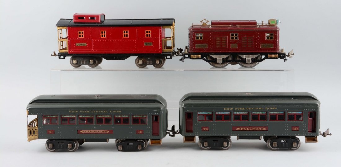 Lionel Maroon No. 8 Passenger Train Set.: Maroon No. 8 has a few touch-ups, missing cast headlights and eagle on one side, and has some scratches and paint chips. 339 pullman car, 341 observation car, and 517 caboose have all been restored. C