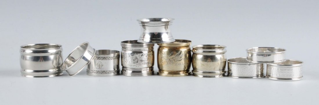 Lot of 10: Vintage Napkin Rings.: Several sterling silver. Most silver plate minor wear for age. Condition (Excellent). Size Largest: 2" Dia.