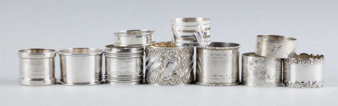 Lot of 10: Vintage Napkin Rings.: Four in sterling and rest are silver plate. Condition (Excellent). Size Largest: 1 - 1/2" T.