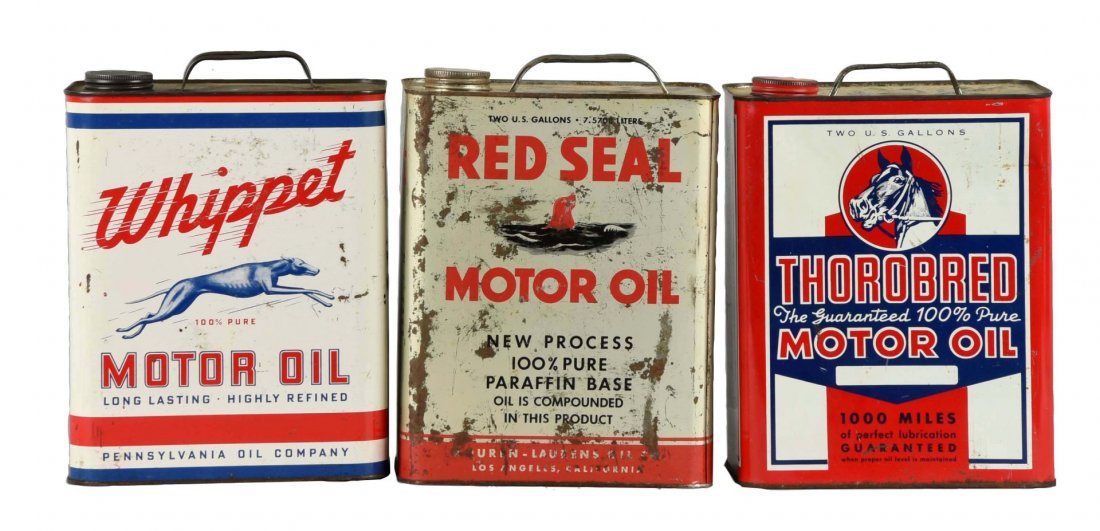 Lot of 3: Whippet, Red Seal & Thorobred Cans.: Two gallon rectangle metal cans. All empty. All have light wear and fine scratches. Condition (7 - 8). Size Two Gallon.