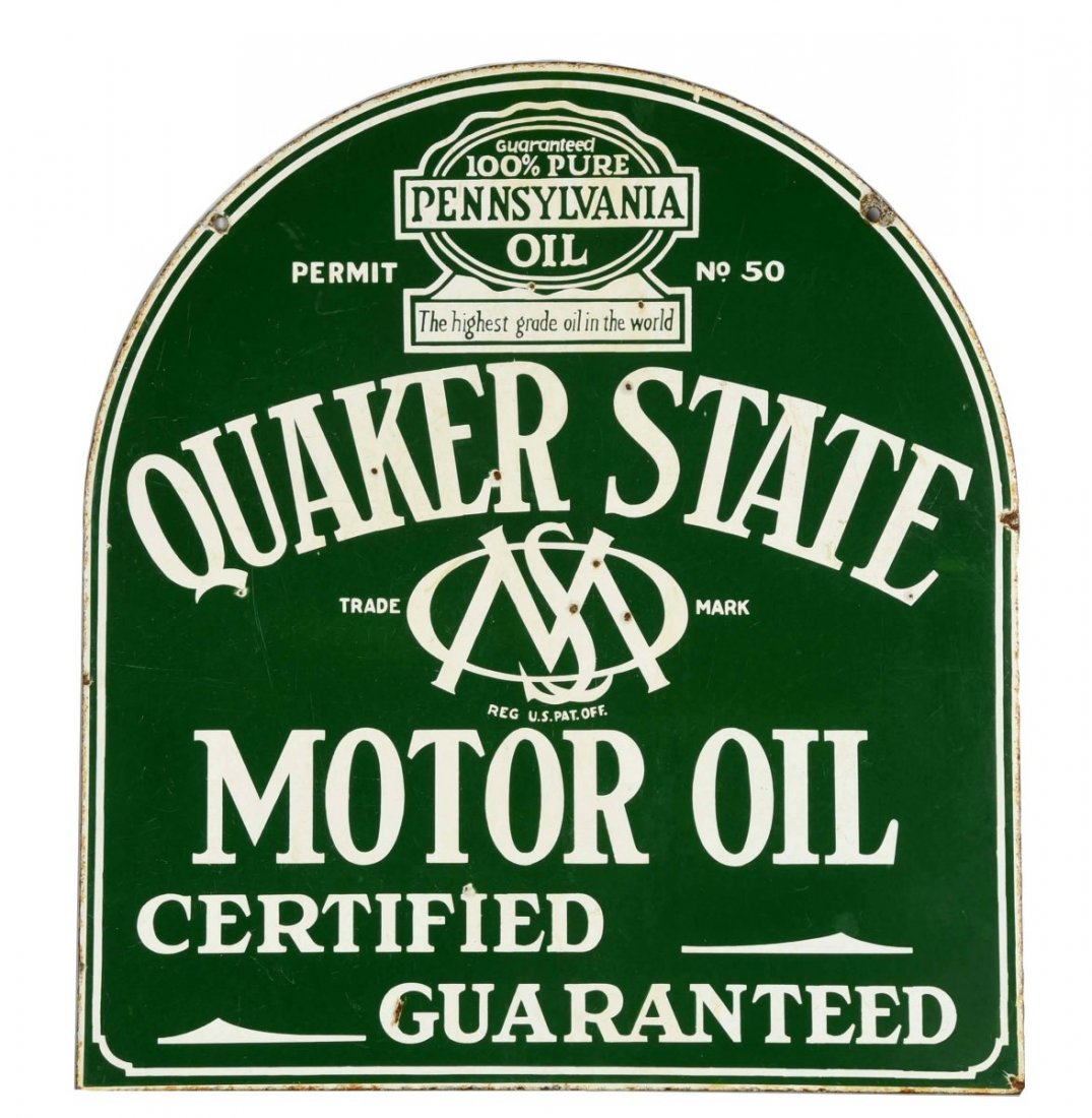 Quaker State Motor Tombstone Shaped Sign. (1 of 2)