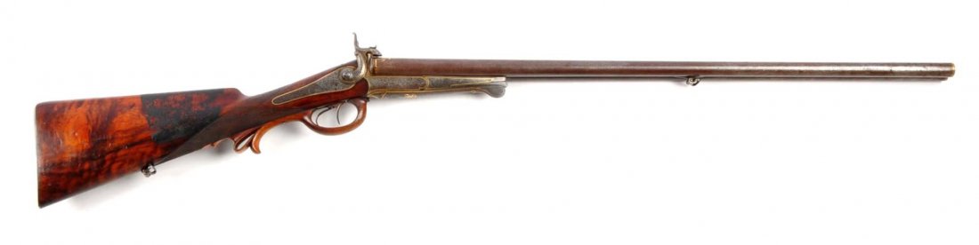 (A) Engraved J.A. Coster Pin Fire SxS Shotgun.: Serial # NSN Round 28-3/4” Damascus barrels in 12 gauge pinfire with two gold bands inlaid around muzzles and gold inlaid vines around breeches and on vent matte rib. Rib inlaid “J.A. COSTNER IN H