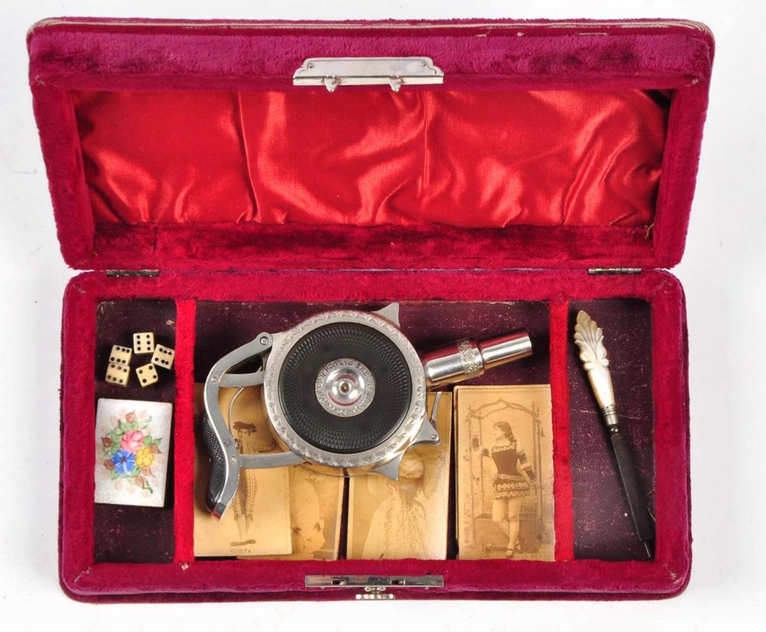 (A) Chicago Palm Pistol Ladies Gambler's Box.: Serial # 7296 Chicago Palm pistol has a 1-1/2" barrel length in .32 caliber. Features gutta percha panels and retains 97%-98% of the original factory nickel finish. Has matching numbers, perfect gutta