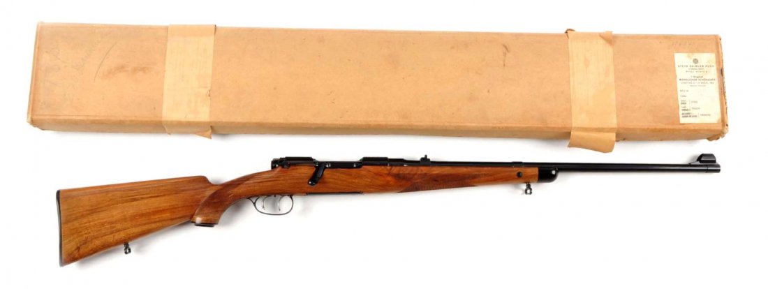 (C) N.I.B. Mannlicher Schoenauer Model 1952 Rifle.: Serial # 19617 24" barrel in .270 Winchester caliber. Manufactured 1957. Features hooded ramp front sight, folding leaf rear sight, blued finish, bridge not drilled, blued butter knife bolt handle, "S