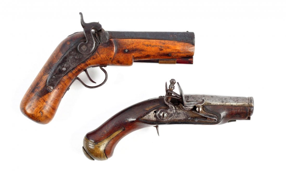 (A) Pair of Muzzle Loading Derringers.: Serial # NSN Gun A) A crudely-made percussion pistol with a Deringer lock. 4-3/16” round barrel with scroll engraved patent breech and flat rib along top, small silver sight at muzzle. .50 caliber r