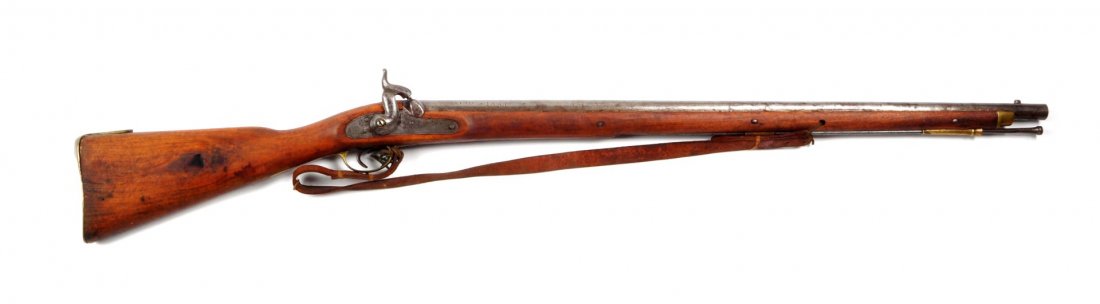 (A) Untouched 19th Century British Tower Musket.: .75 bore, Barrel length 33-1/2”. The lock on this musket is stamped “Tower” with a crown and dated 1815. It was converted to percussion during the era. Barrel stamped “TD12297” with a larger