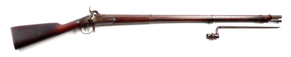 (A) U.S. Springfield Model 1842 Percussion Musket.: Serial # NSN Round 42” barrel marked “V/P” over eagle’s head and “1848” on tang, secured by three steel barrel bands, bayonet lug on bottom near muzzle, .69 caliber smoothbore. Percussion