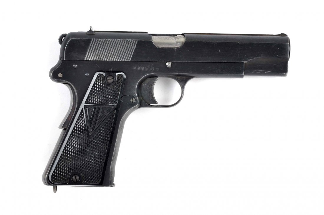 (C) Nazi Marked Polish Radom Semi Auto Pistol.: Serial # M0062 Caliber 9mm, Barrel length 4-1/2”. The M Block of pistols were manufactured in 1943. It is a standard military in all respects. Features the blue black military finish with the black
