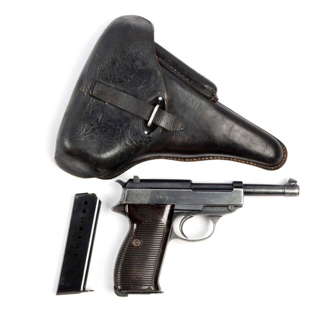 (C) Nazi Issue Walther P.38 Semi-Auto Pistol.: Serial # 9188 5" barrel in 9mm caliber. This standard World War II pistol bears the cyq factory designation. Has all matching numbers. Left side of frame has the Waffenamt 88. Right side has three Waf