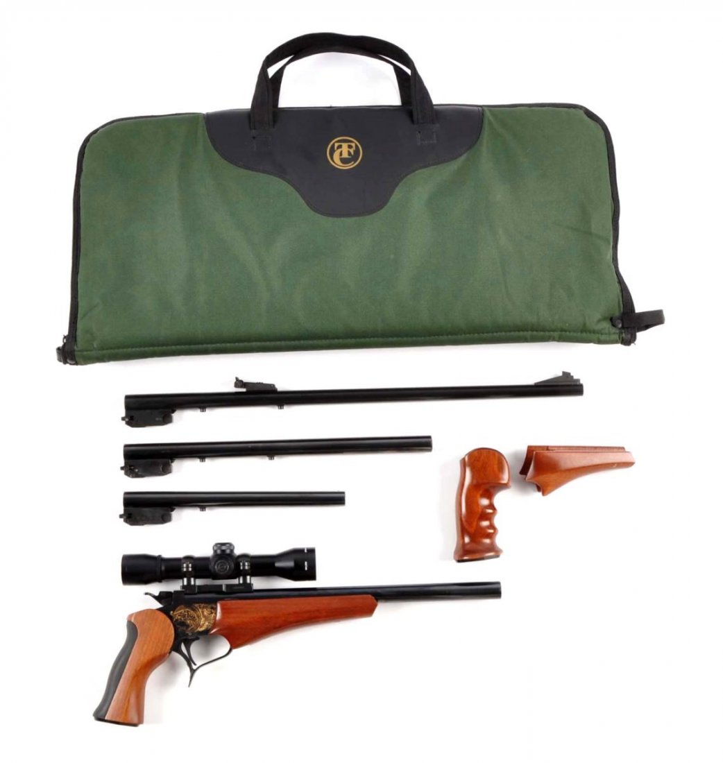 (M) T/C Contender Multi-Barrel Single Shot Pistol.: Serial # 226713 The Thompson/Center Contender is a break-action single shot pistol introduced in 1967 by Thompson/Center Arms, and this frame was manufactured in 1983. The frame of this gun has an eng