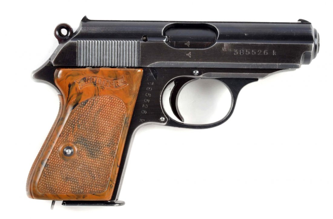 (C) Nazi Marked Walther Model PPK Pistol.: Serial # 385526K 3" barrel in 7.65mm caliber. Standard Nazi issue Walther PPK manufactured in 1942 with matching serial numbers. Features blued finish, semi-automatic, single action, and magazine fed.