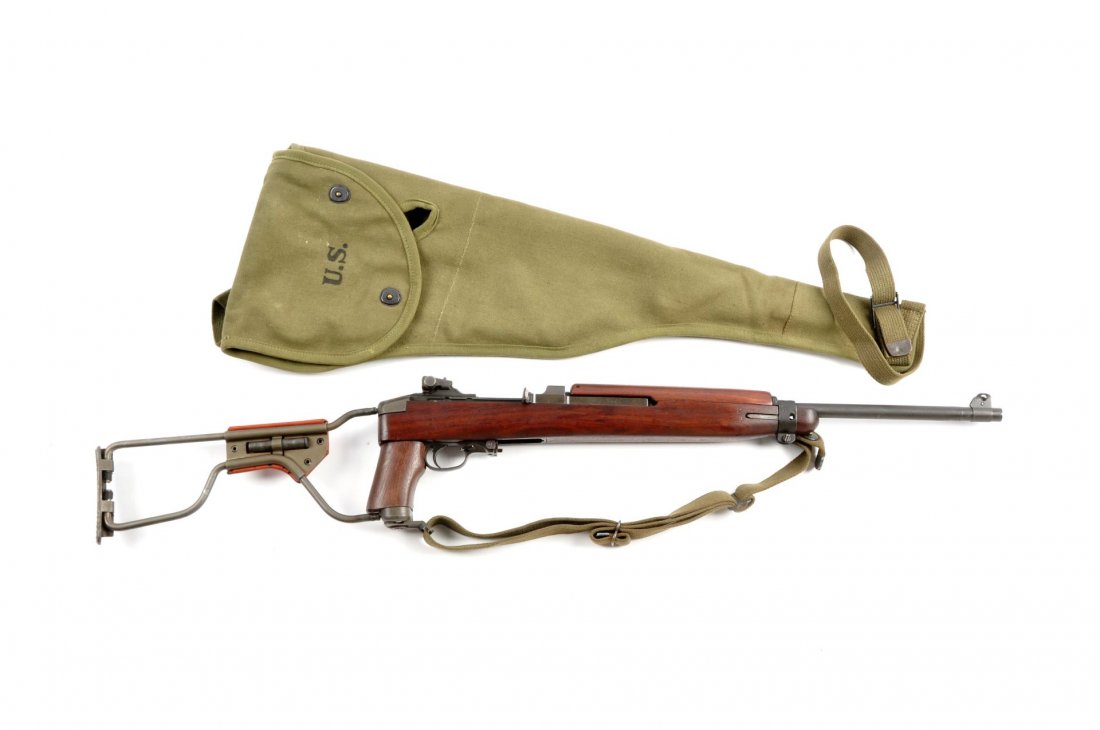 (C) Inland U.S. M1 Carbine S.A. Paratrooper Rifle.: Serial # 101660 18” barrel, .30 carbine caliber. Barrel stamped “UNDERWOOD (ordnance bomb) P”, front sight unmarked, front barrel band stamped ”AI”. type C rear sight stamped “I.R.C.O. 716