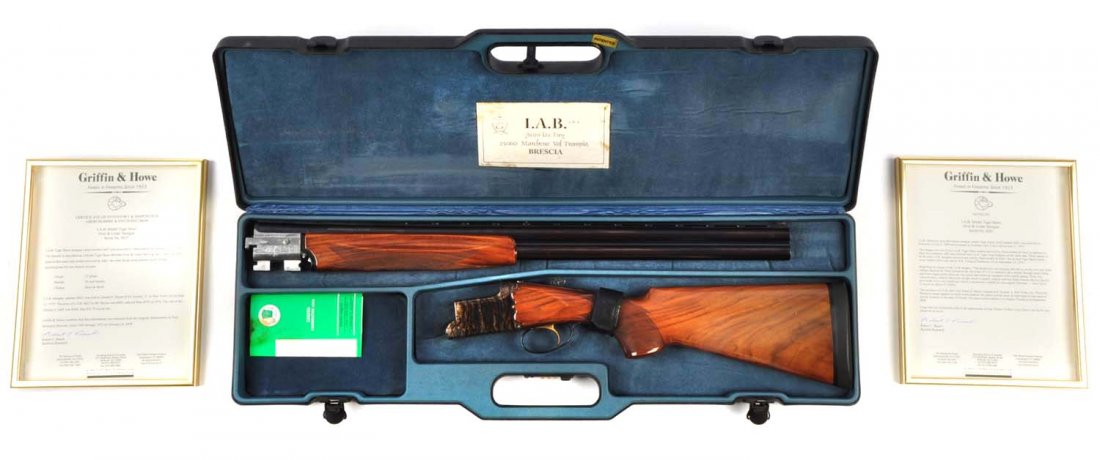 (M) Cased IAB Tiger Skeet O/U 12 Bore Shotgun.: Serial # 6823 12 bore with 2-3/4” chambers, 26-3/4” blued barrels with vent matte rib and twin beads, both barrels choked to skeet. Barrel marked on right side “NICKEL-CHROME STEEL NITRO-PROVED 