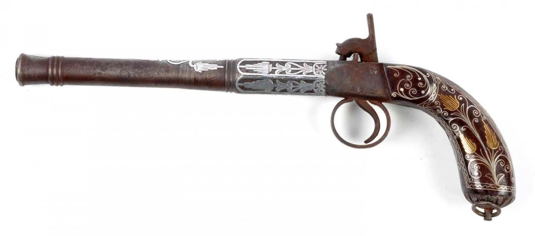 (A) Silver Inlaid Middle Eastern Percussion Pistol: Serial # NSN Two stage 8-1/8” barrel with swamped muzzle with several sets of rings dividing barrel sections; finely-executed silver inlays of eastern motifs on each face of octagonal section and ac