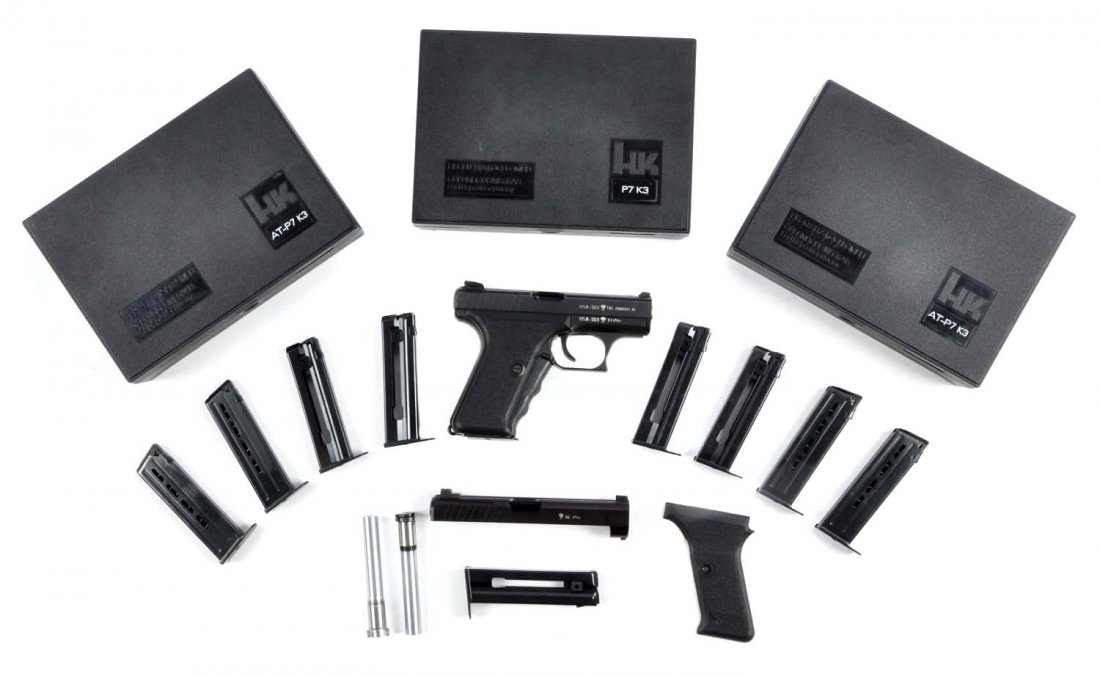 (M) H&K Model P7K3 Semi-Automatic Pistol.: Serial # USA-663 4" barrel in .22 LR and 7.65mm. Offered is a complete three box set convertible system H&K pistol. Features include alloy frame, composite grips, double action, and magazine fed. The 
